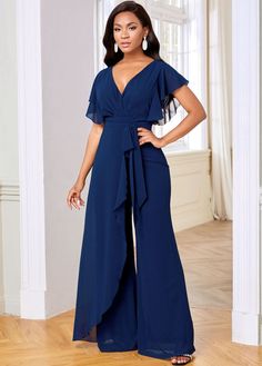 ROTITA Ruffle Sleeve V Neck Chiffon Overlay Jumpsuit #ehre #gardening #geek mother son, mother art, mother movie Fancy Jumpsuit, Chiffon Jumpsuit, St Patrick's Day Outfit, Women Dresses Classy, Jumpsuit Elegant, Chiffon Overlay, Ruffles Fashion, Curvy Outfits, Neck Ruffle