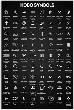 the symbols for hobo symbols on a blackboard poster with white lettering and an image of