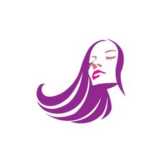 a woman's face with long purple hair and eyes closed, on a white background