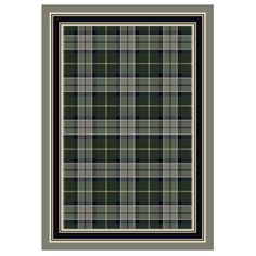 a black and green plaid rug on a white background with a border in the middle