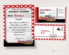 a mickey mouse birthday party ticket is shown in red and white with polka dots on it