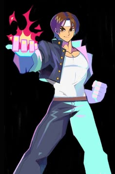 an animated image of a man in white shirt and blue pants holding a lit candle