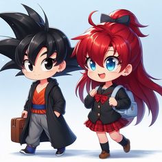 two anime characters with red hair and blue eyes, one carrying a suitcase while the other is