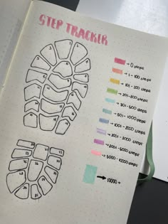 an open notebook with the instructions for how to draw shoes on it and a handwritten step tracker