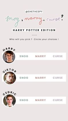 the harry potters quiz is shown in this graphic style, which includes three different characters