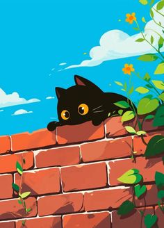 a black cat laying on top of a brick wall