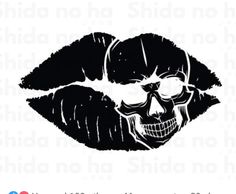 a black and white image of a skull with glasses on it's face, in the shape of a woman's lips