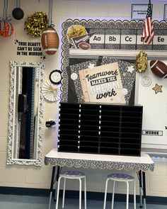 a football themed classroom with black and white decor