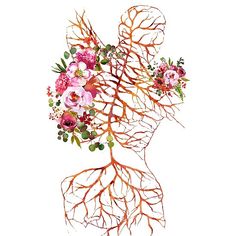 an image of a woman's head made up of branches and flowers with roots