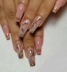 Nail Ideas Marble, Pink Coffin Nail Ideas, Amazing Nail Art, Pink Coffin, Her Nails, Coffin Nails Long, Gold Designs, Acrylic Nails Coffin Short, Summer Acrylic Nails