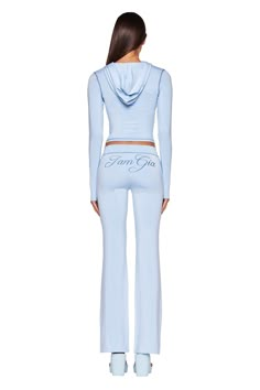 Details Best-selling Blare Trackpant in a new baby blue colourway Stretchy bamboo and jersey fabrication Low-rise waist and bodycon silhouette Wide, elastic waistband for a comfortable, stretchy fit Featuring placement print 'I.AM.GIA' logo on the bum in contrast blue Contrast blue stitching detail around the waistband and ankles Pull-on construction to slip into with ease Unlined - This fabric is not sheer Recommended Underwear: Due to the low-mid rise, we recommend wearing this garment with a Designer Loungewear, Placement Print, I Am Gia, Basic Fits, Blue Fits, Blue Baby, Glamour Fashion, Romper Pants, Skirts For Sale