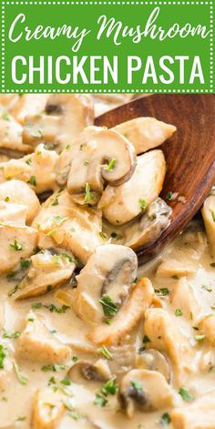 creamy mushroom chicken pasta in a white sauce with a wooden spoon