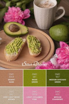 the color palette is green, pink, and brown with an avocado on it