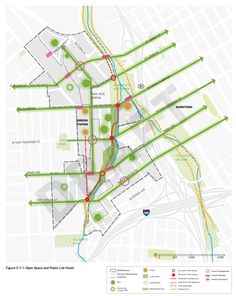 a map showing the location of several different streets and roads in an area with green, red