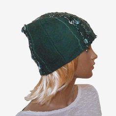 This beanie hat is made of felted merino wool. Warm wool hat for women. Beautiful dark green color, for decoration I used various decorative threads. The hat is set deep on the head, so your ears are warm and you do not feel cold in winter. Hat with lining. Size 57cm (M) Wool Beanie, Felt Hat, Wool Hat, Skull Cap Beanie, Skull Cap, Beanie Hats, Dark Green, Hats For Women, Merino Wool