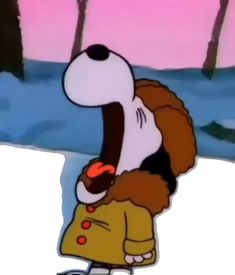 an animated image of a person with a dog on his back, in the snow