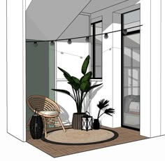 a drawing of a room with a chair and potted plant