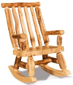 a wooden rocking chair made out of logs on a white background with clippings