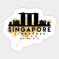 the singapore logo on a white background with gold paint splattered in black and yellow