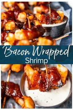 bacon wrapped shrimp on skewers with dipping sauce