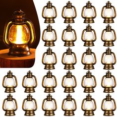 a collection of old fashioned brass and glass lantern lights on a wooden stand with white background