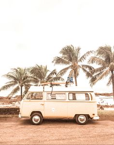 an old van parked in front of palm trees