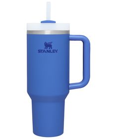 a blue yetal travel mug with a white lid and handle is shown in front of a white background