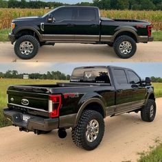 two pictures of a black pickup truck