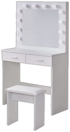 a white vanity with lights on it and a stool in front of the mirror is shown