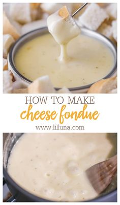 how to make cheese fondue in a bowl with a wooden spoon and text overlay that says how to make cheese fondue