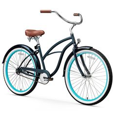 a blue and white bicycle is shown on a white background