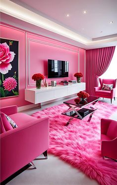 a living room with pink furniture and flowers on the wall, in front of a flat screen tv