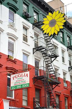 a fire escape with a large yellow flower on top