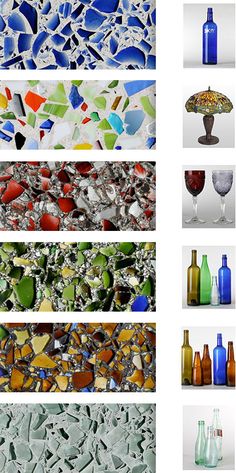 several different types of glass bottles and vases with mosaic designs on the front, side, and back