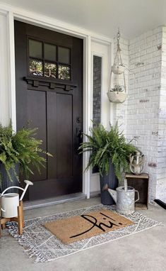 a front door with two plants and a watering can on the rug next to it