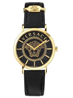 Versace V Essential - watch - Black / Black - VEK400421 - Shop at Altivo.com Versace Watches, Black And Gold Watch, Versace Logo, Versace Watch, Bold Logo, Mens Watches Black, Leather Strap Watch, Medusa Head, Buy Watches