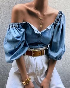 Blue Denim Top, Summer Outfits Ideas, Fashion Office, Denim T Shirt, Top Streetwear, Trend Fashion, 가을 패션, Party Tops