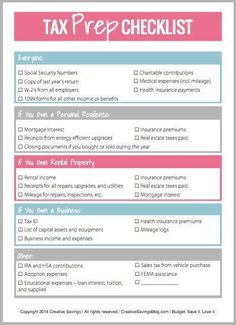 a printable tax checklist with the words tax checklist written in pink and blue