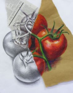 a drawing of tomatoes and an onion on top of a piece of paper next to each other