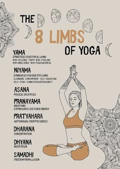 the 8 limbs of yoga poster with an image of a woman sitting in lotus position