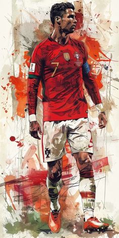 a painting of a soccer player in red and white