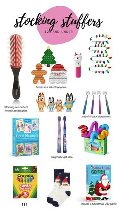 the christmas stocking stuff list includes toys, books and other holiday gifts for kids