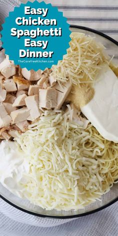 the ingredients to make easy chicken spaghetti in a glass bowl on a white and blue striped tablecloth