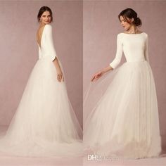 three different views of a woman wearing a wedding dress with long sleeves and a tulle skirt