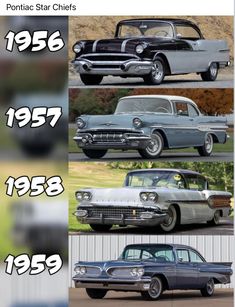 an old car is shown in four different pictures, including the front and side views