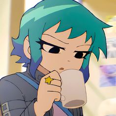 an anime character with blue hair drinking from a cup