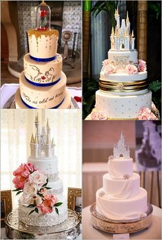 there are four different types of cakes on the table and one is decorated with princess's castle