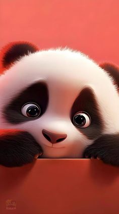 a panda bear is peeking over the edge of a red wall with its paws on it's head