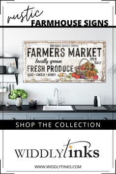 a sign that says farmers market and the words, shop the produce on display in front of