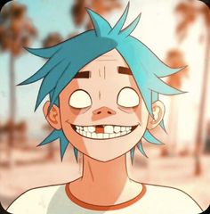 an anime character with blue hair and white t - shirt smiling at the camera while standing in front of palm trees